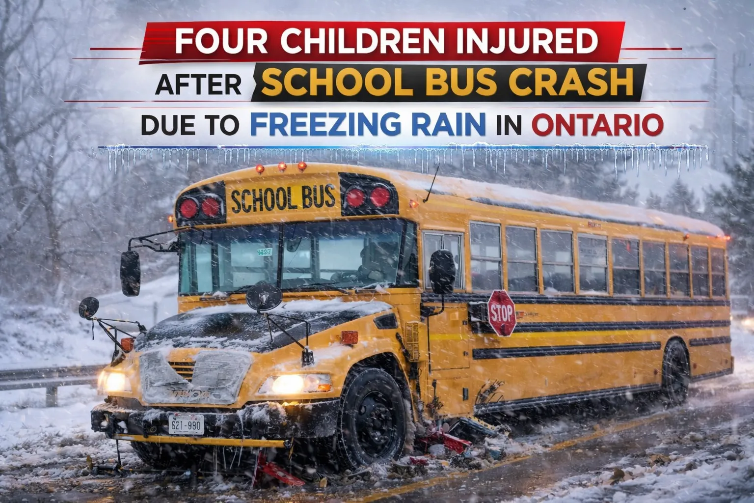 four children injured after school bus crash due to freezing rain in ontario