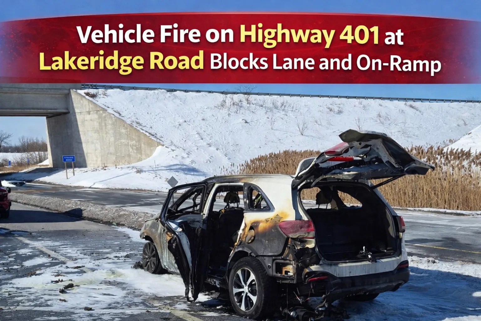 vehicle fire on highway 401 at lakeridge road blocks lane and on ramp