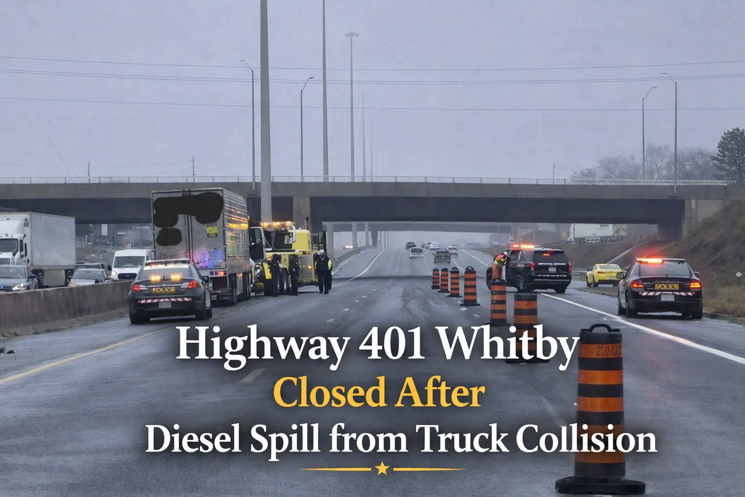 highway 401 whitby closed after diesel spill from truck collision