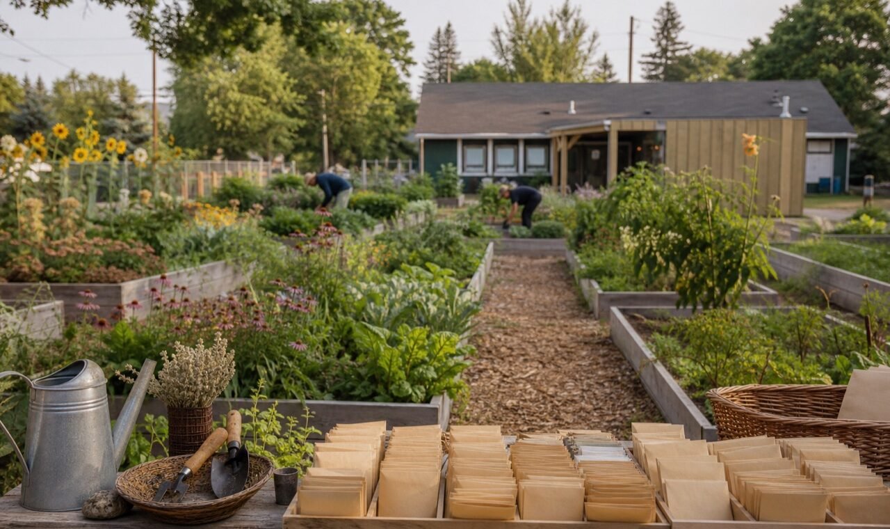 Original development image of a fictional community garden and seed-sharing table.