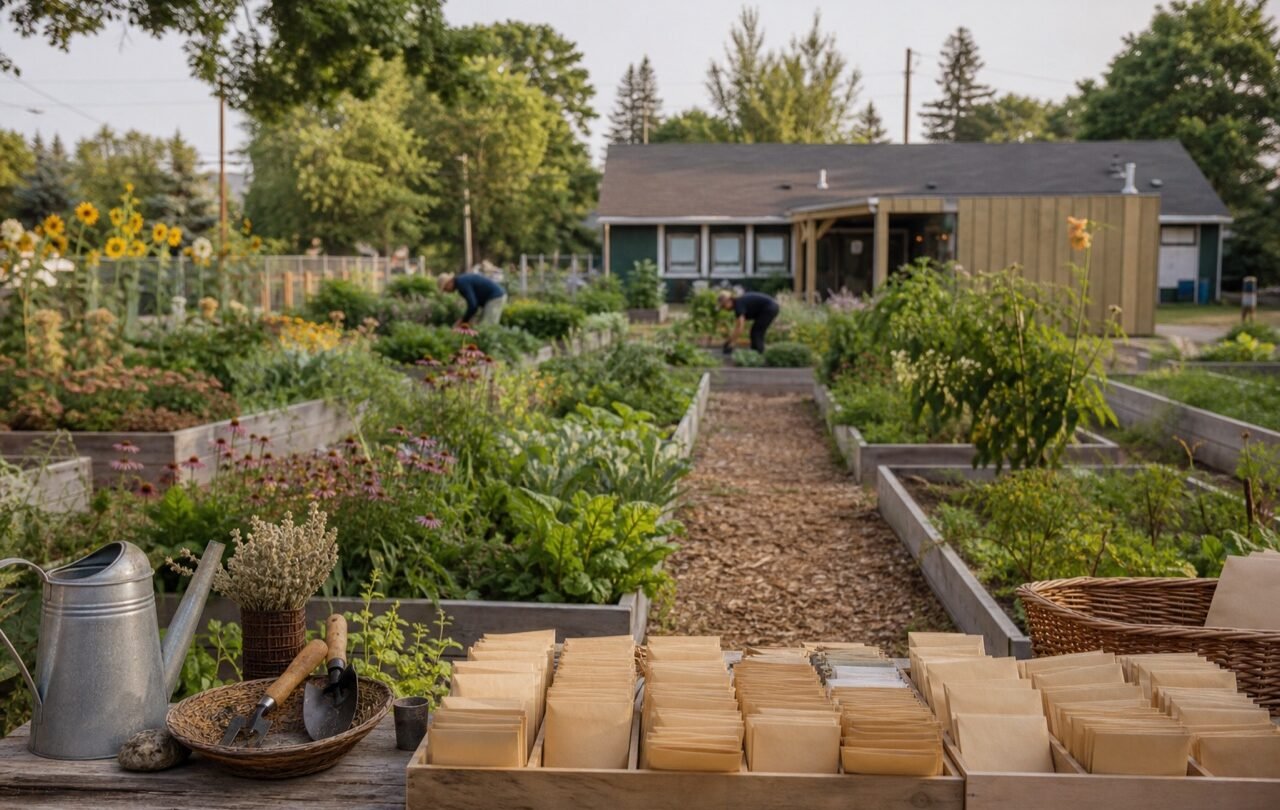 Original development image of a fictional community garden and seed-sharing table.