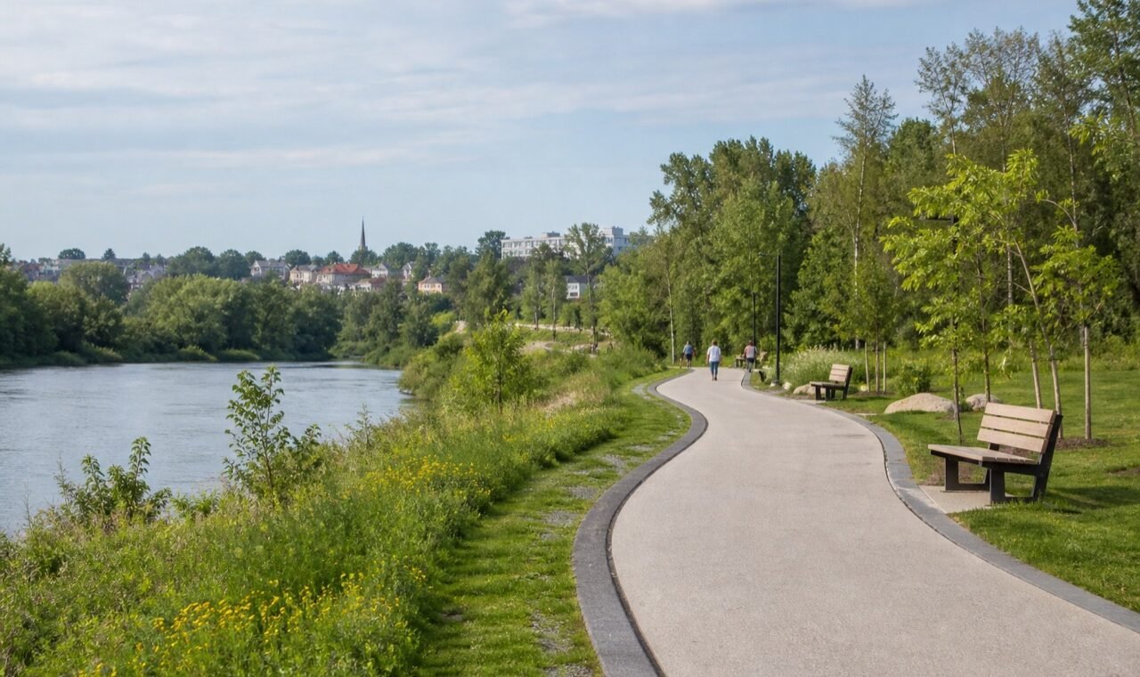 Original development image of a fictional riverfront walking trail.