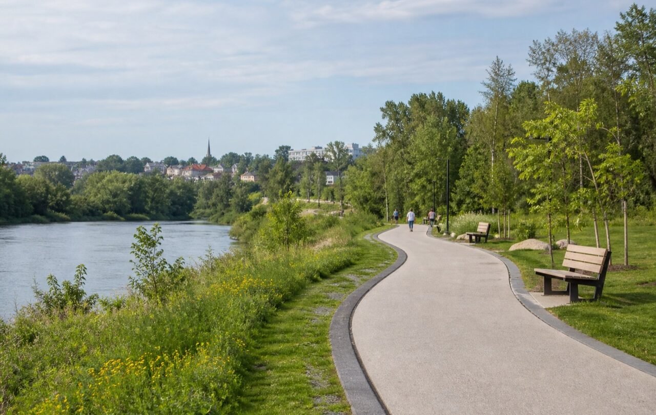 Original development image of a fictional riverfront walking trail.