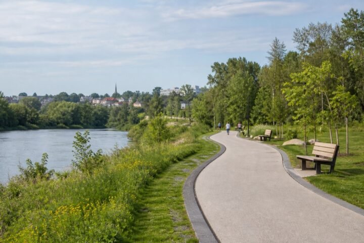 Original development image of a fictional riverfront walking trail.