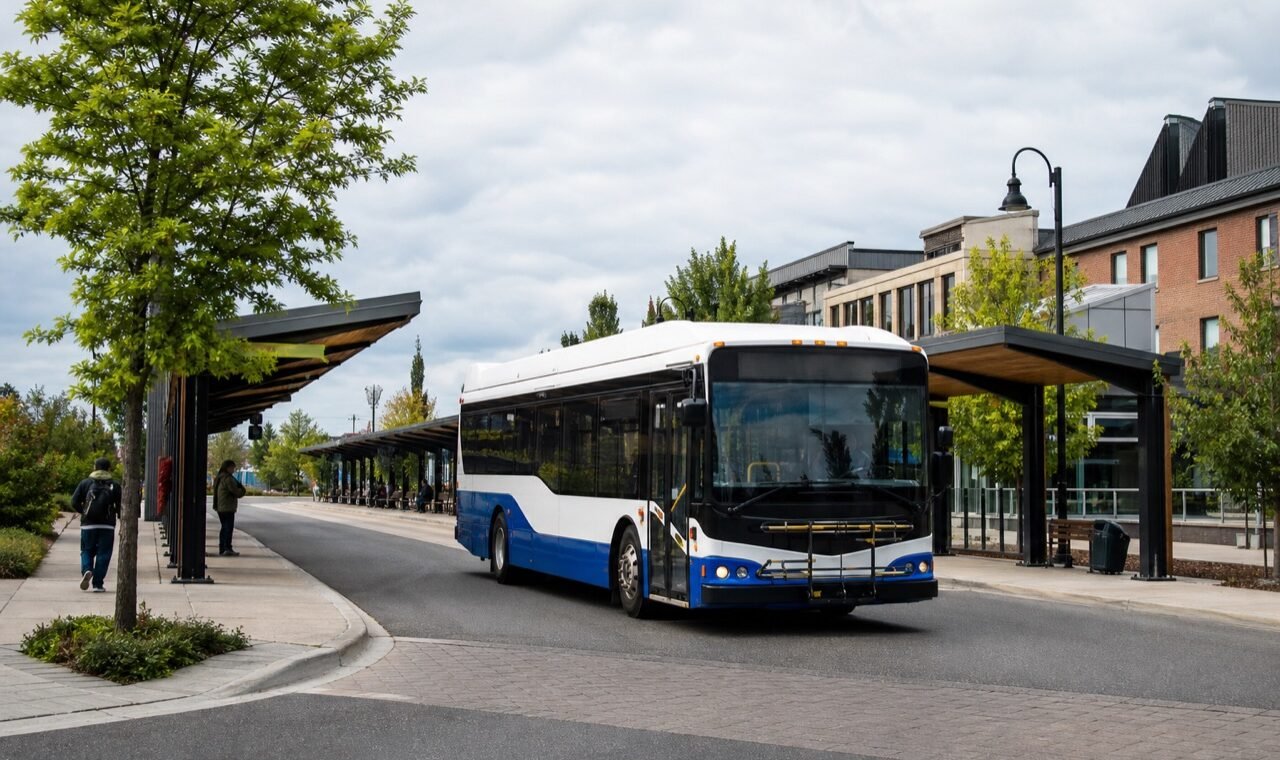Original development image of an unbranded municipal bus at a fictional transit exchange.