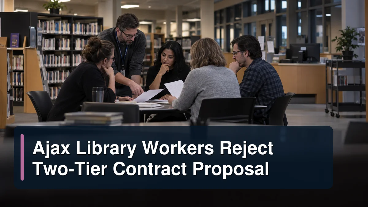 Library workers reviewing contract papers with the headline Ajax Library Workers Reject Two-Tier Contract Proposal