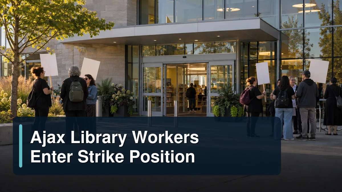 Library workers gathered peacefully with the headline Ajax Library Workers Enter Strike Position