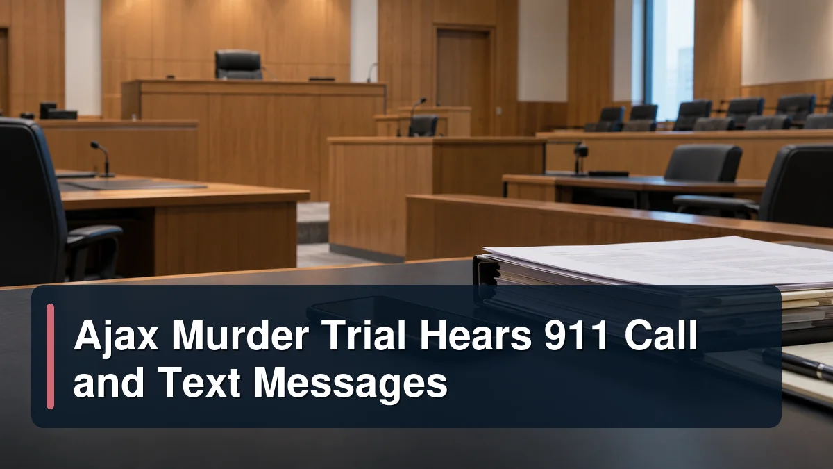 Empty courtroom with a smartphone and evidence files under the headline Ajax Murder Trial Hears 911 Call and Text Messages