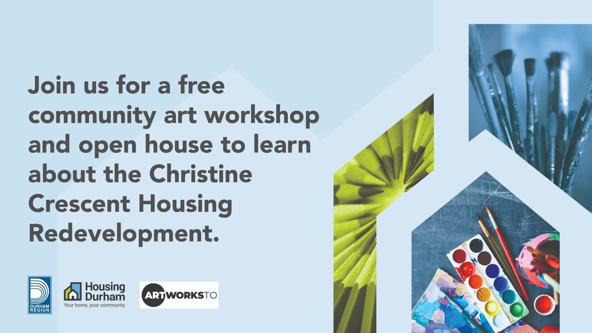 Flyer for a free Christine Crescent community art workshop and open house in Oshawa