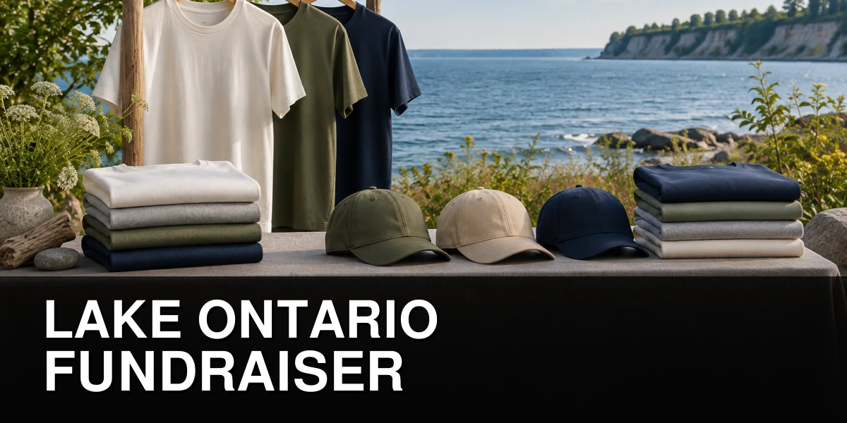 Lake Ontario shoreline with neutral fundraising apparel display
