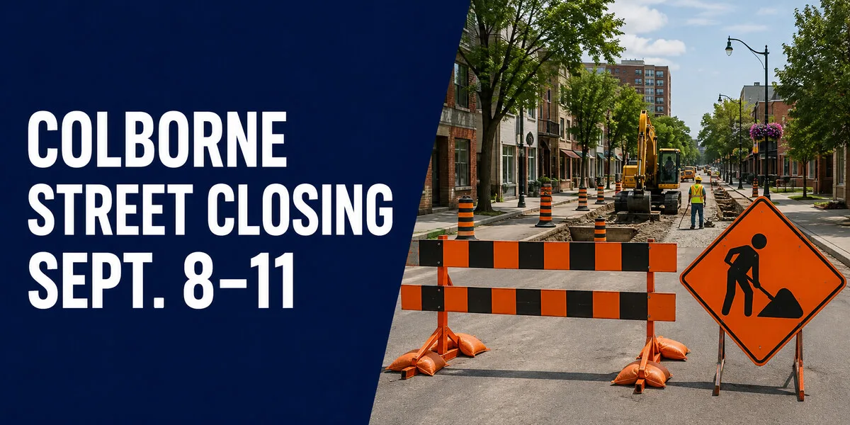 Roadwork barriers illustrating the temporary Colborne Street closure in Oshawa