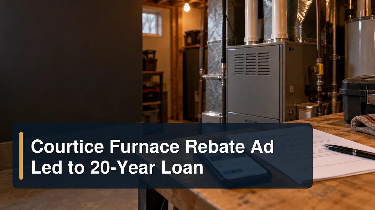 Home furnace and financing documents with the headline Courtice Furnace Rebate Ad Led to 20-Year Loan