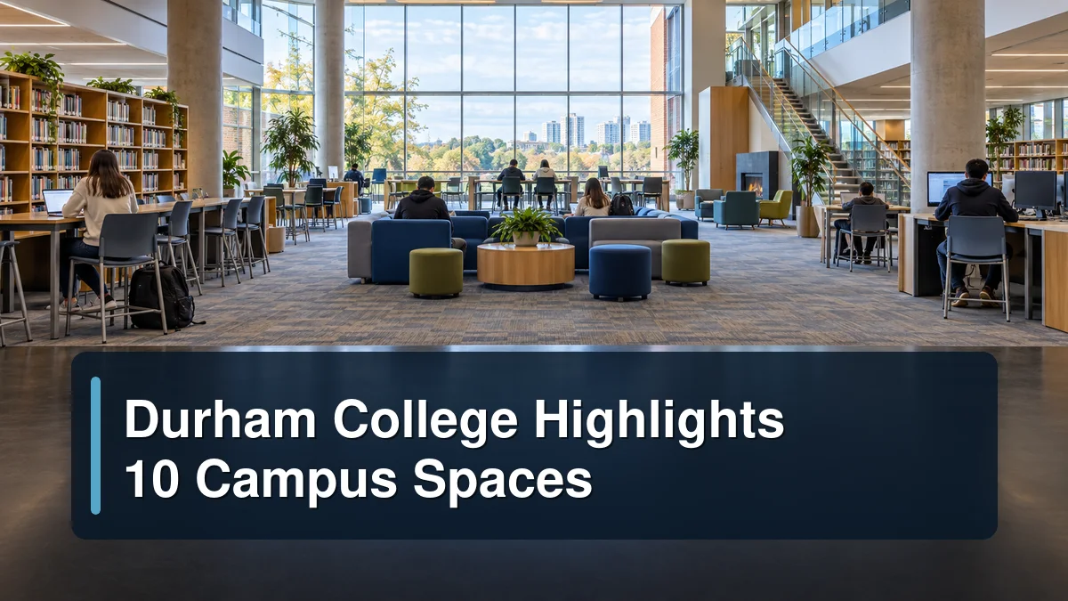 Contemporary college study space with the headline Durham College Highlights 10 Campus Spaces