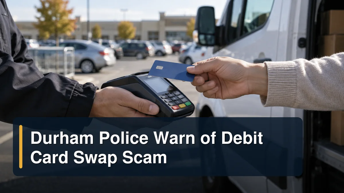 Generic payment terminal and bank card in a parking lot with the headline Durham Police Warn of Debit Card Swap Scam