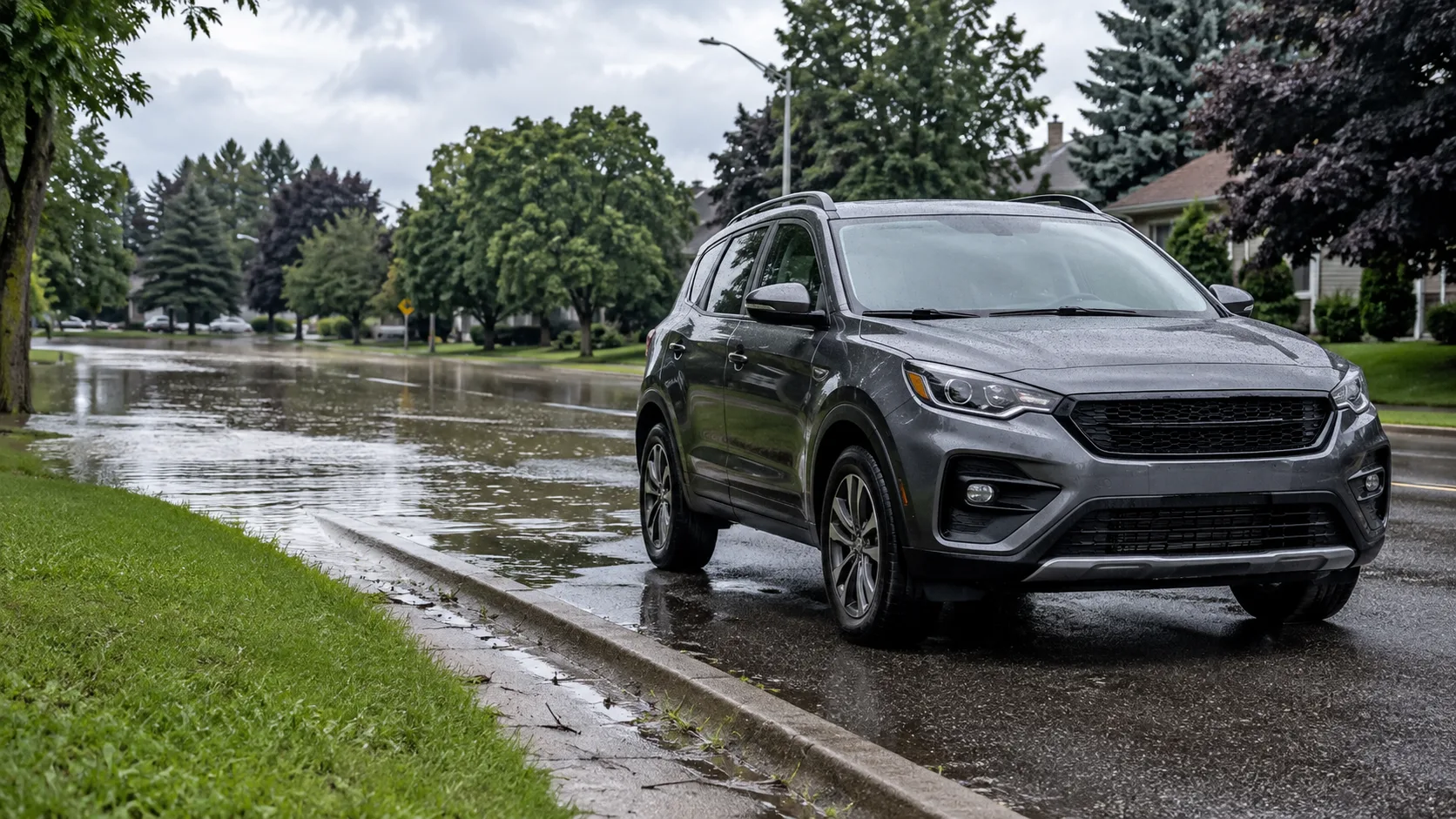 A vehicle stopped safely beside a flooded suburban road after heavy rain