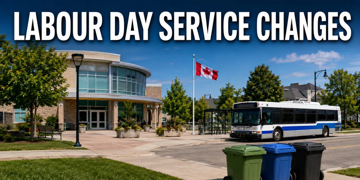 A Durham civic building, transit bus and curbside bins representing Labour Day service changes