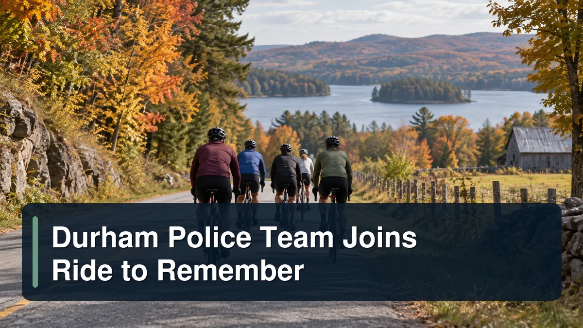 Group cycling on a rural road with the headline Durham Police Team Joins Ride to Remember
