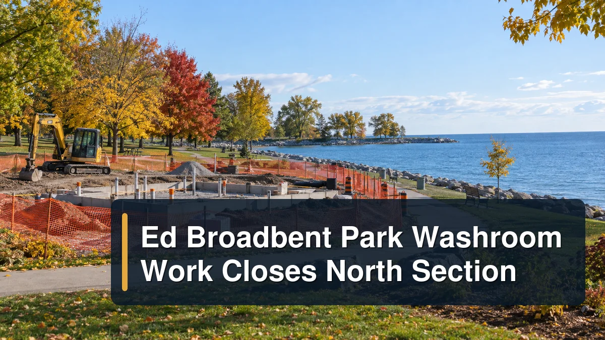 Waterfront park washroom construction with the headline Ed Broadbent Park Washroom Work Closes North Section