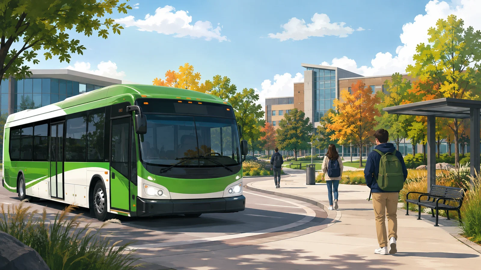 Conceptual illustration of a green transit bus arriving at a university campus