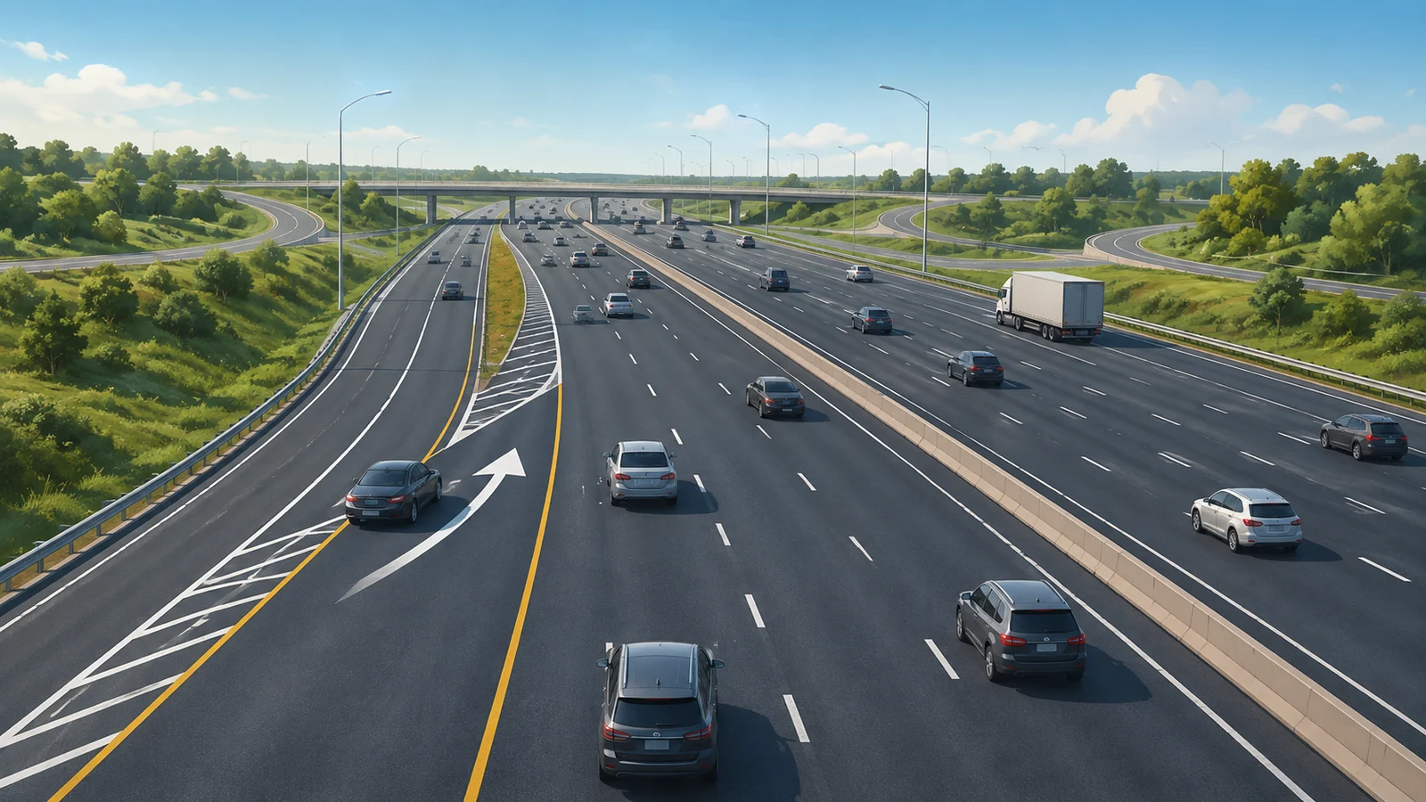 Conceptual illustration of a widened highway corridor with an added westbound lane