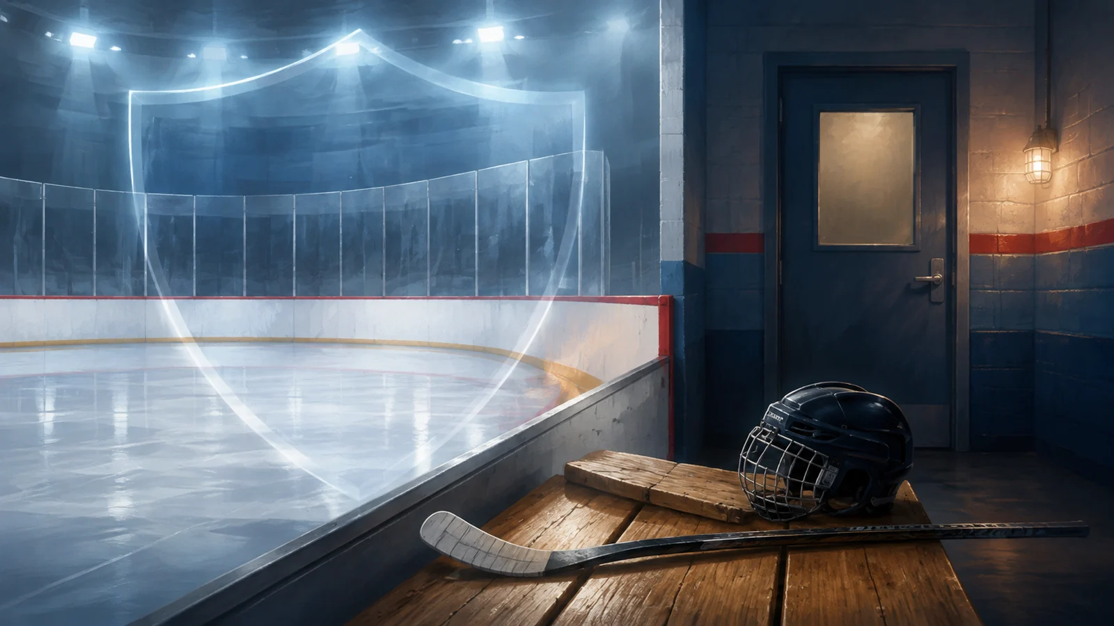 Conceptual illustration of an empty hockey rink with a protective shield motif, helmet and stick