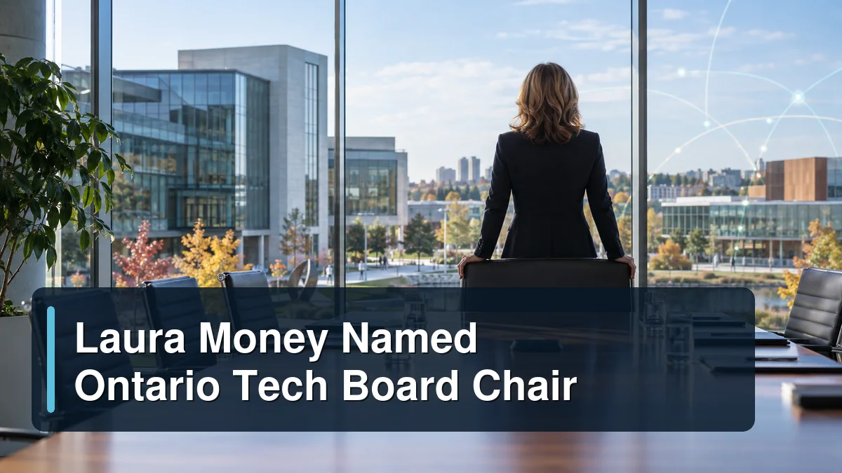 Professional university boardroom and technology scene with the headline Laura Money Named Ontario Tech Board Chair