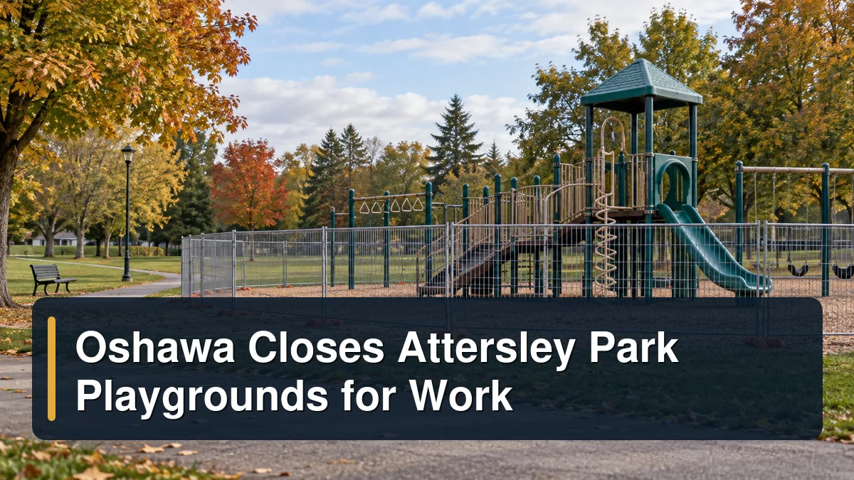 Attersley Park playground work scene with the headline Oshawa Closes Attersley Park Playgrounds for Work