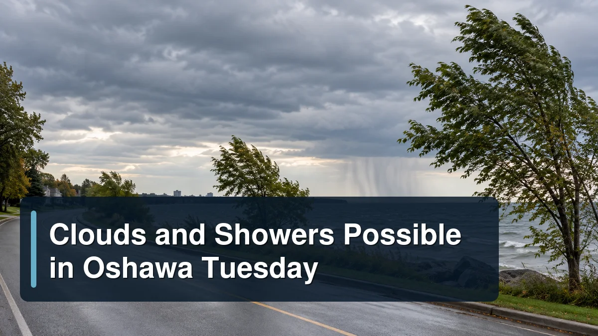 Windy Oshawa lakeshore beneath rain clouds with the headline Clouds and Showers Possible in Oshawa Tuesday