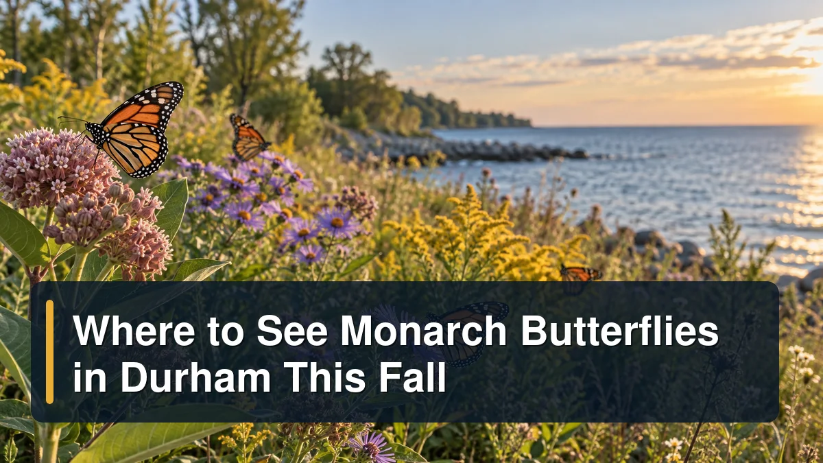 Monarch butterflies in a lakeside pollinator meadow with the headline Where to See Monarch Butterflies in Durham This Fall