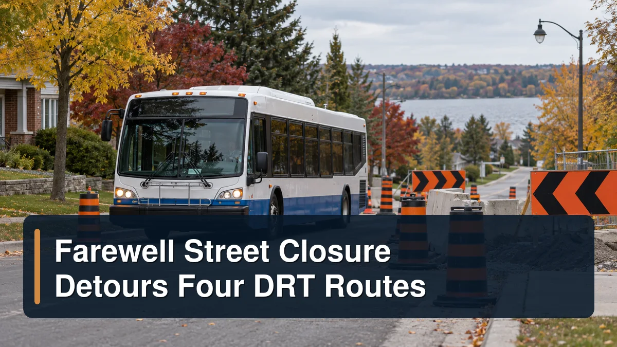 City bus on a street detour with the headline Farewell Street Closure Detours Four DRT Routes
