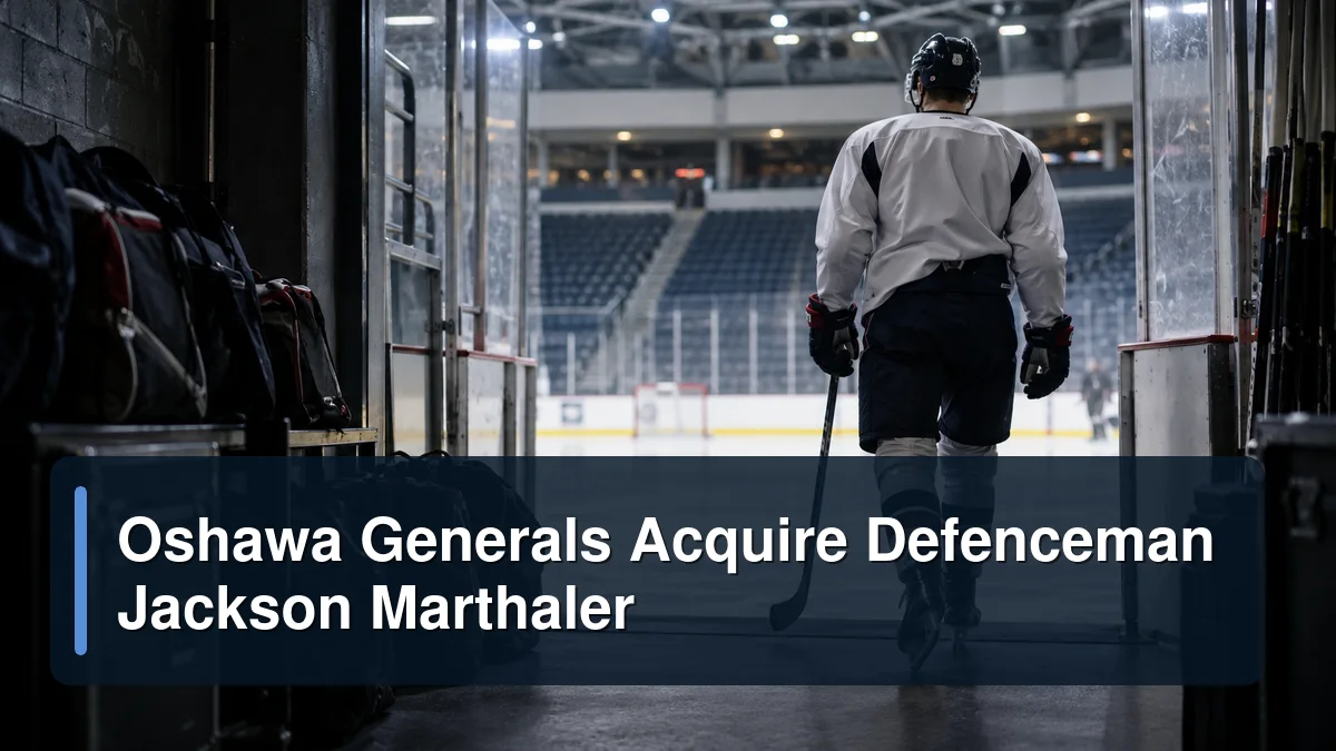 Generic junior hockey defenceman entering an arena with the headline Oshawa Generals Acquire Defenceman Jackson Marthaler