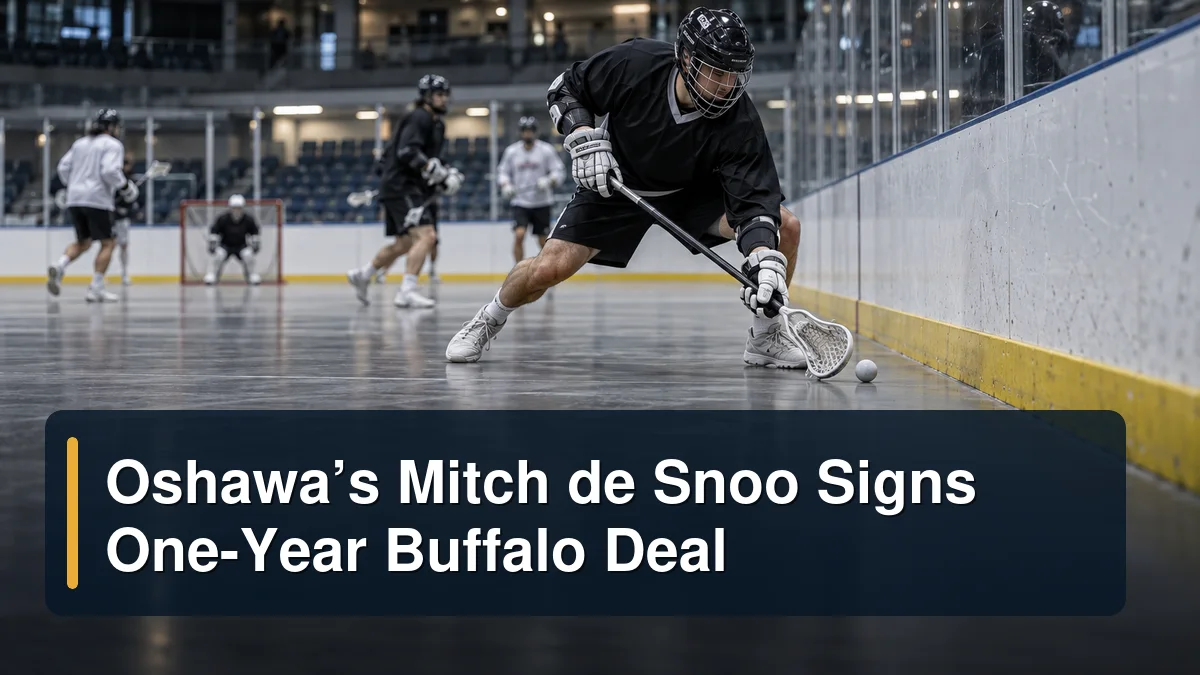 Generic box-lacrosse defender during an indoor drill with the headline Oshawa’s Mitch de Snoo Signs One-Year Buffalo Deal