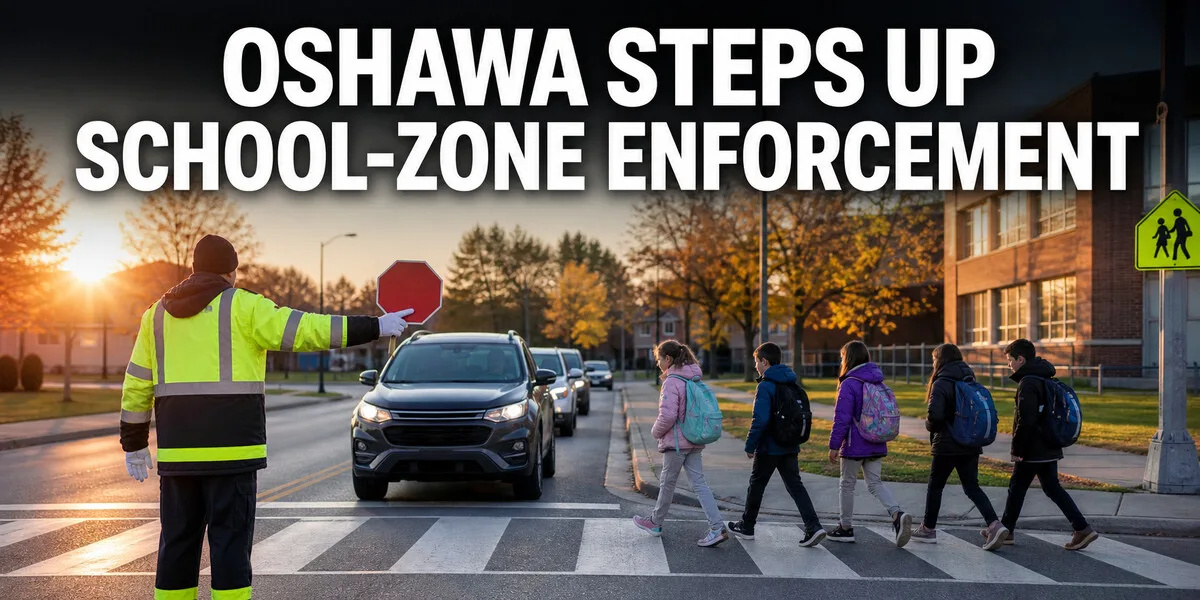 Crossing guard helping students cross safely during Oshawa school-zone enforcement