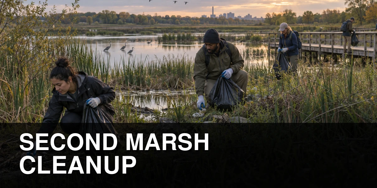 Volunteers collecting litter beside reeds at Oshawa Second Marsh