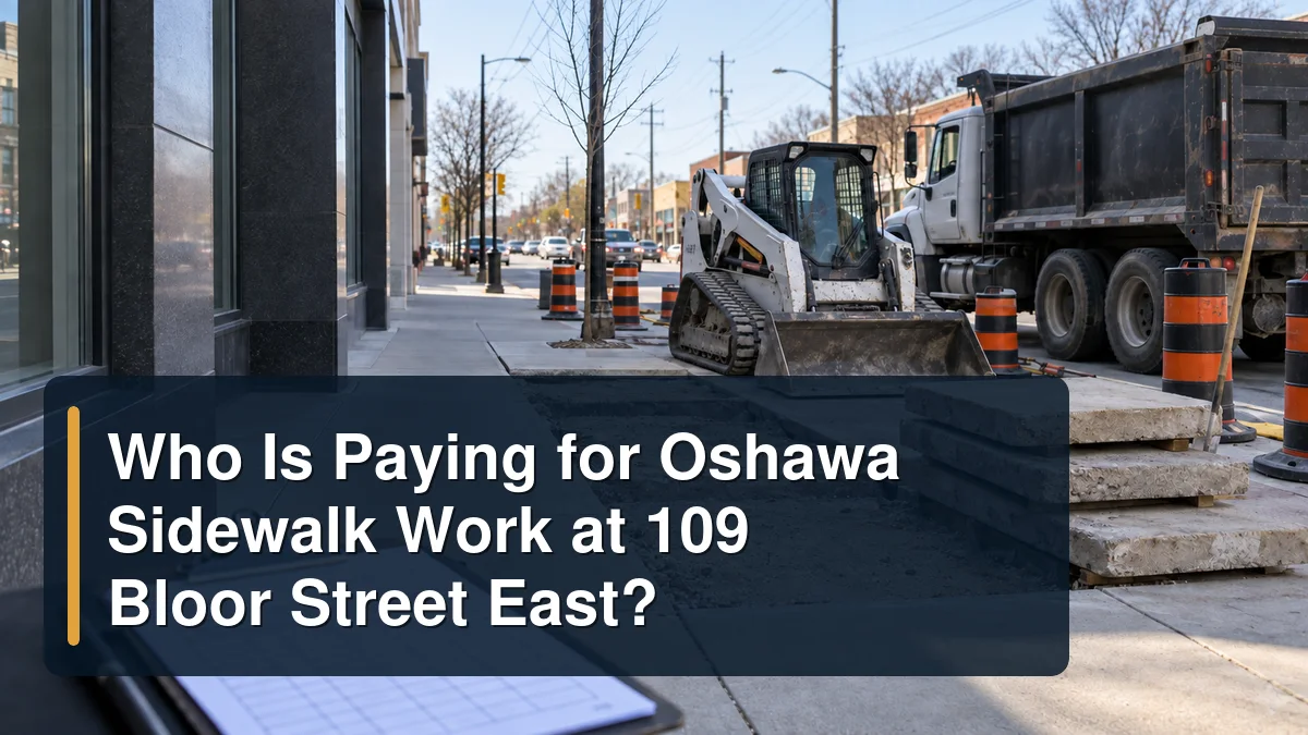 Unbranded sidewalk construction scene with the headline Who Is Paying for Oshawa Sidewalk Work at 109 Bloor Street East?