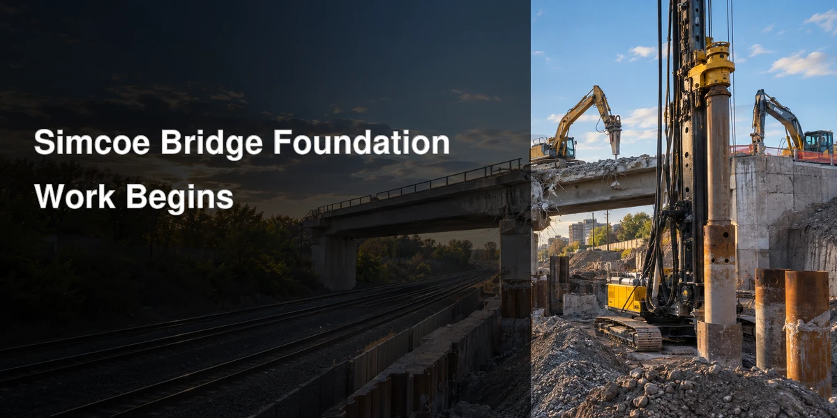 Bridge foundation piling underway above a rail corridor in Oshawa