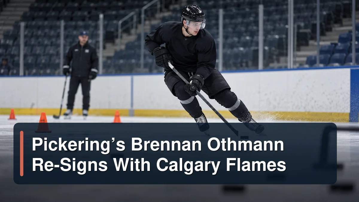 Generic hockey winger at practice with the headline Pickering’s Brennan Othmann Re-Signs With Calgary Flames