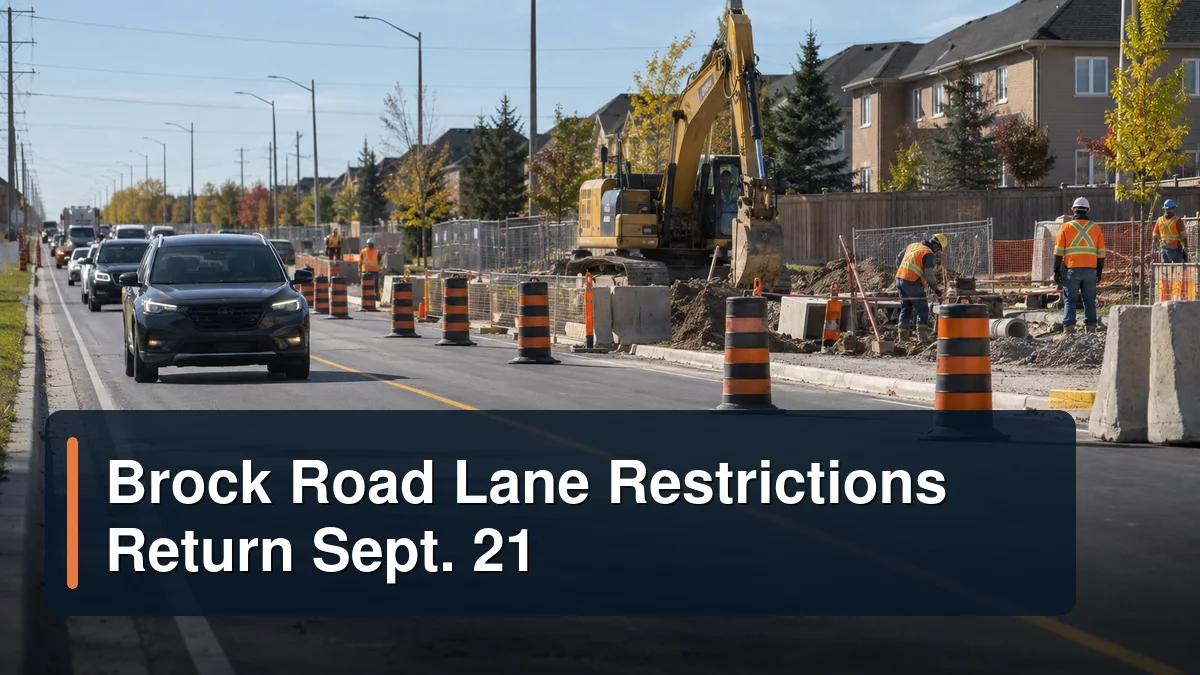 Managed suburban road construction with the headline Brock Road Lane Restrictions Return Sept. 21