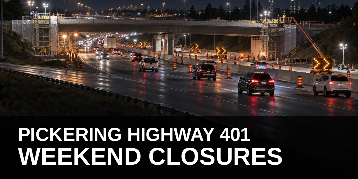 Nighttime Highway 401 construction lane closures near Brock Road in Pickering