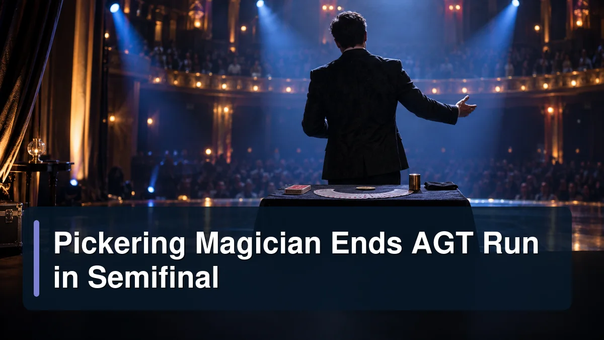 Close-up magician performing on a theatre stage with the headline Pickering Magician Ends AGT Run in Semifinal