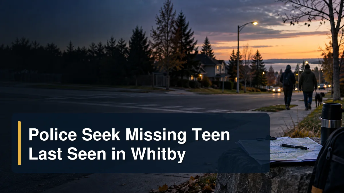 Whitby neighbourhood search scene with the headline Police Seek Missing Teen Last Seen in Whitby