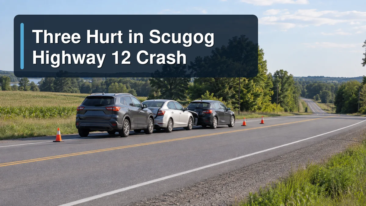 Respectful three-vehicle roadside scene with the headline Three Hurt in Scugog Highway 12 Crash