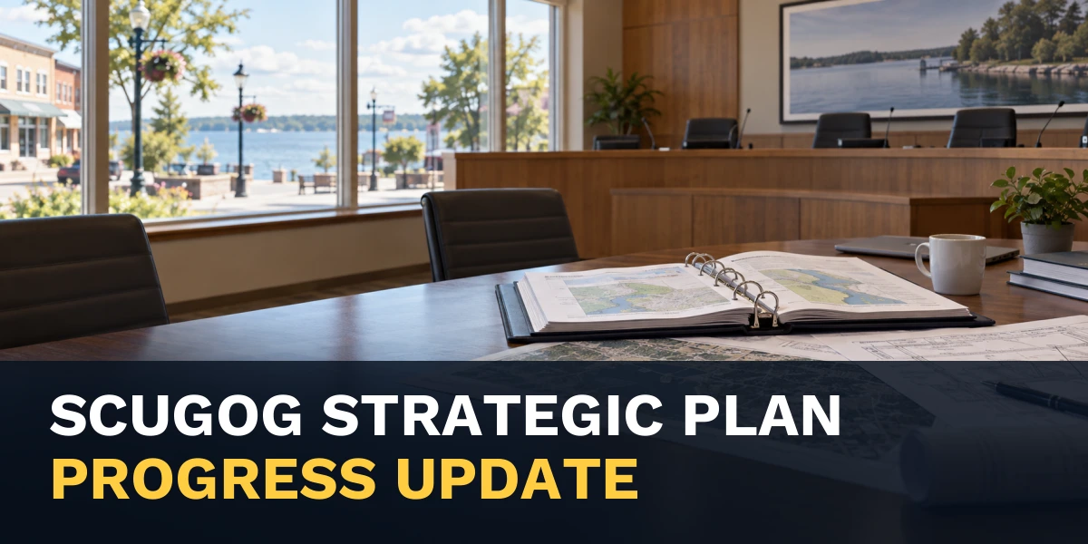 Municipal planning room with the headline Scugog Strategic Plan Shows Progress on Five Priorities