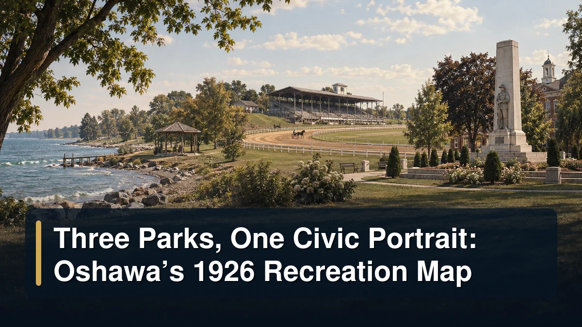 Period-style civic recreation scene showing a Lake Ontario park, hilltop racetrack and memorial park with the headline Three Parks, One Civic Portrait: Oshawa’s 1926 Recreation Map