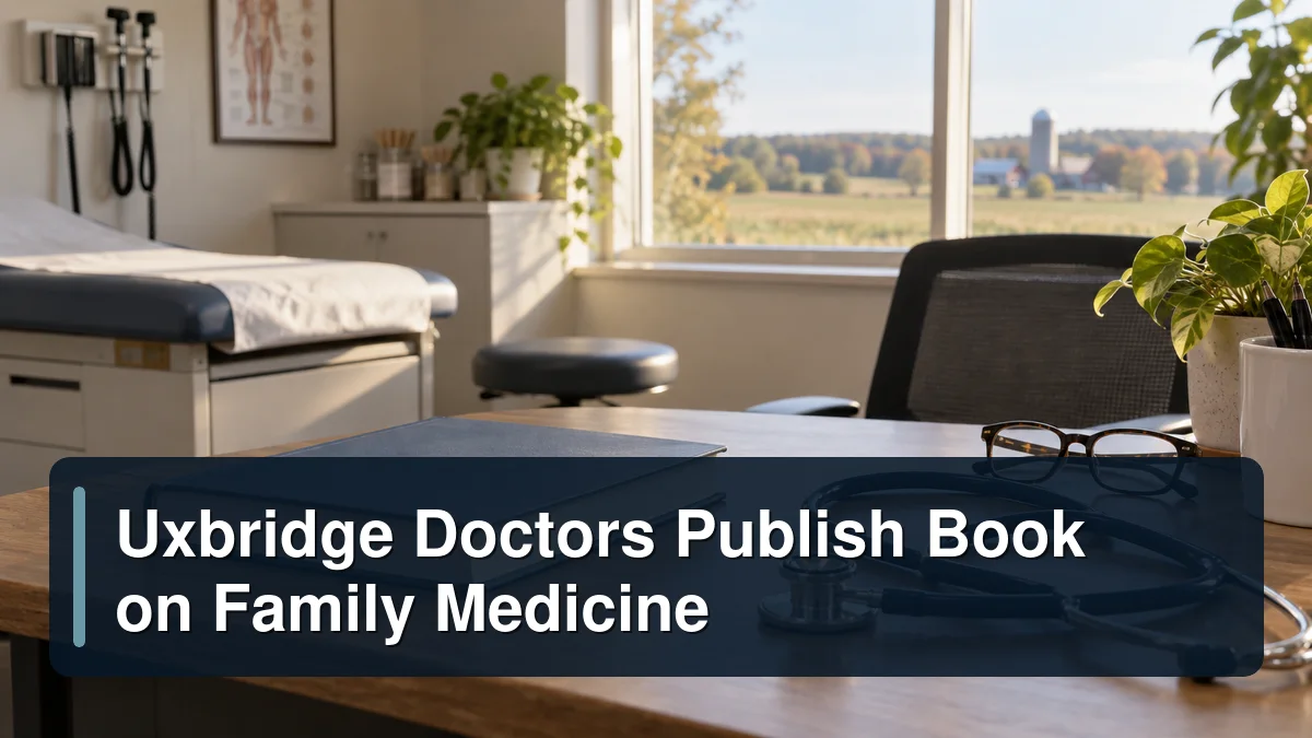 Family medicine book and stethoscope with the headline Uxbridge Doctors Publish Book on Family Medicine