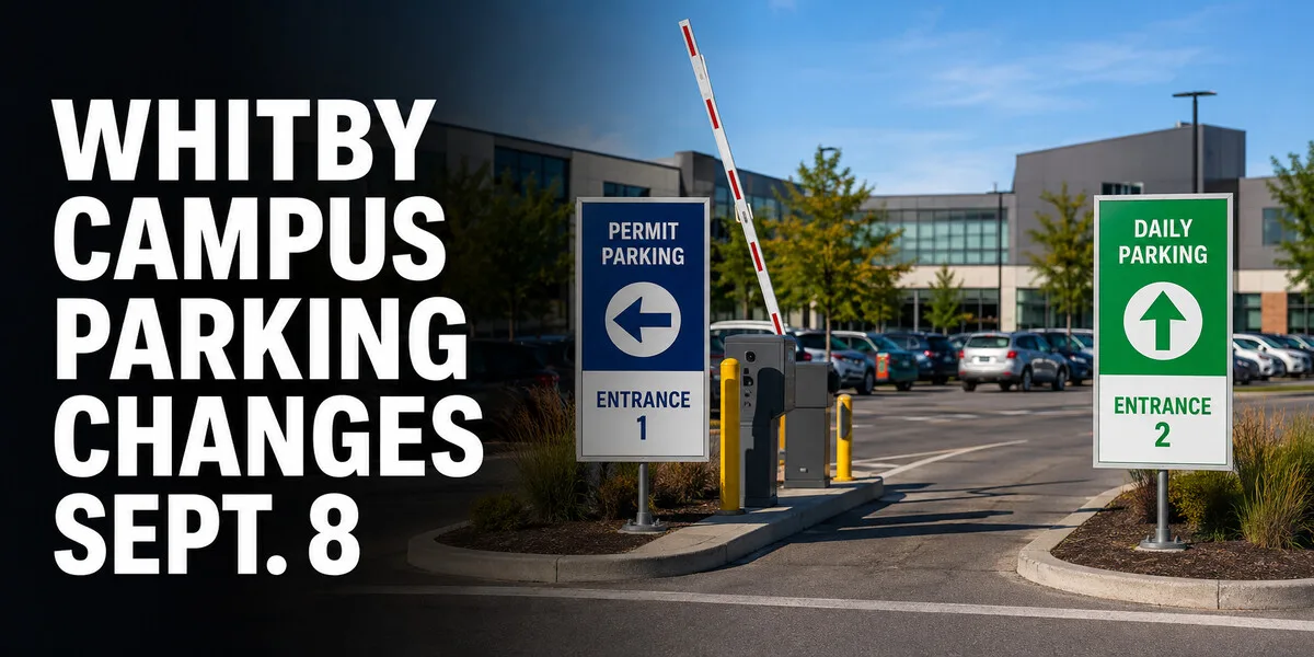 College parking lot with separate permit and daily parking entrances illustrating Whitby campus parking changes