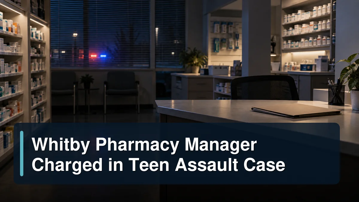 Empty unbranded pharmacy investigation scene with the headline Whitby Pharmacy Manager Charged in Teen Assault Case