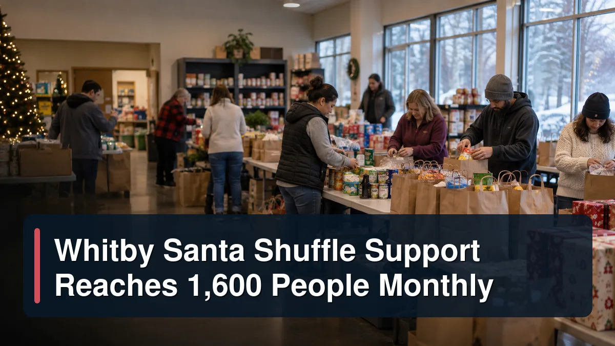 Whitby volunteers organizing food and holiday support with the headline Whitby Santa Shuffle Support Reaches 1,600 People Monthly