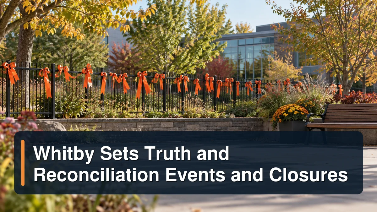 Orange-ribbon community memorial setting with the headline Whitby Sets Truth and Reconciliation Events and Closures