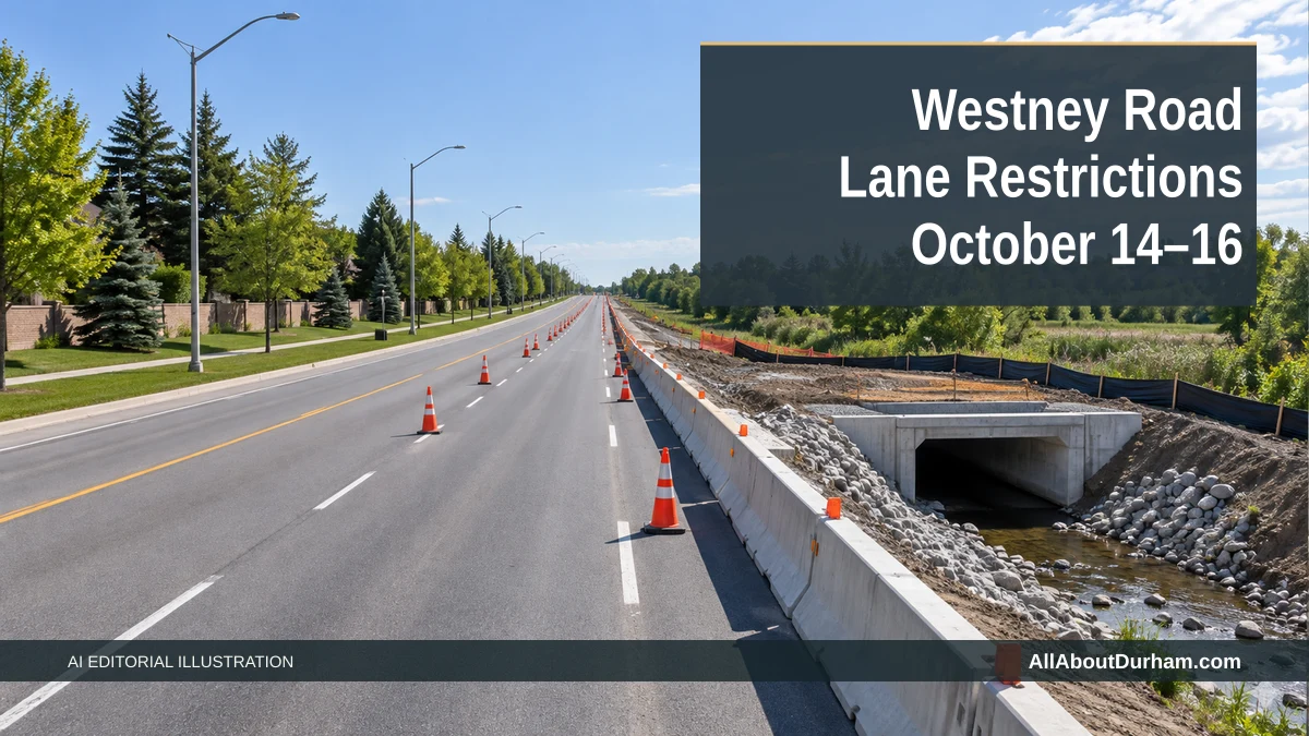 AI editorial illustration: Traffic cones beside road and culvert construction. Headline: Westney Road Lane Restrictions October 14–16. AllAboutDurham.com.